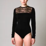 Body cu maneca lunga din bumbac si dantela BO425 - imagine 5