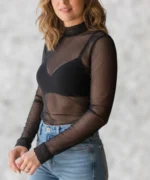 Bluza Tip Maleta Slim Fit din Tull Elastic cu Buline și Detalii de Dantelă - imagine 3