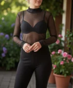 Bluza Tip Maleta Slim Fit din Tull Elastic cu Buline și Detalii de Dantelă